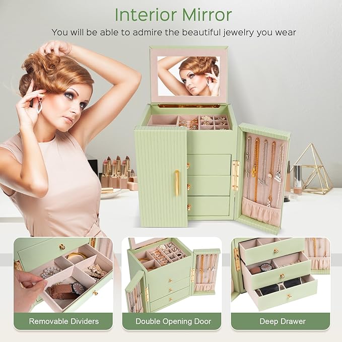 Dajasan Large Jewelry Box Organizer, Jewelry Storage Organizer with 3 Drawers, Huge Jewelry Box with Mirror for Women Girls, 