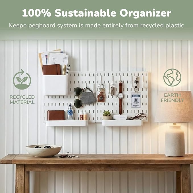 Keepo Peg Board Wall Organizer – Plastic Pegboard Panels, Modular Peg Board Storage System for Home Office, Craft Room, Gamin