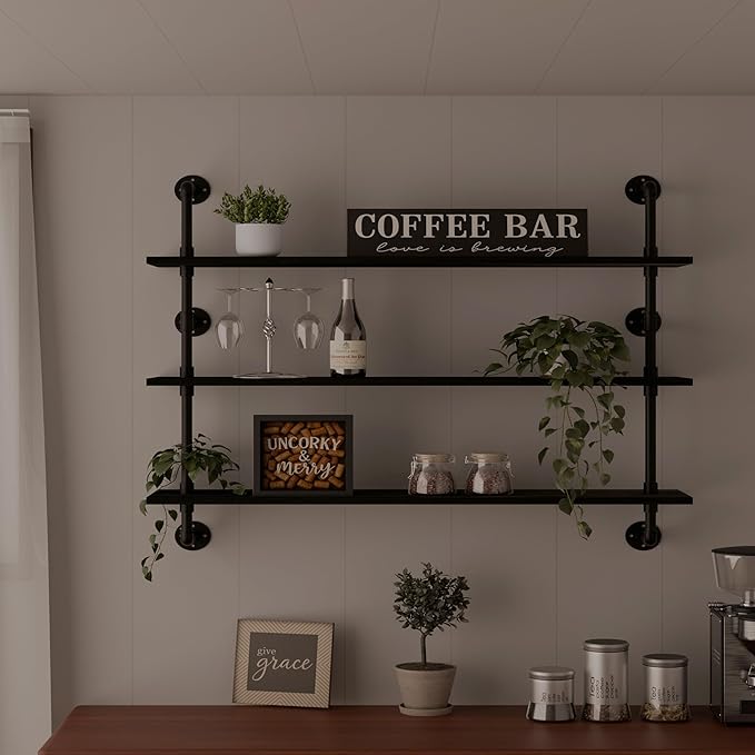 Industrial Pipe Shelving Rustic Black Wall Shelves with Wood Planks Industrial Floating Shelves 48 Inch 3 Tier Farmhouse Book