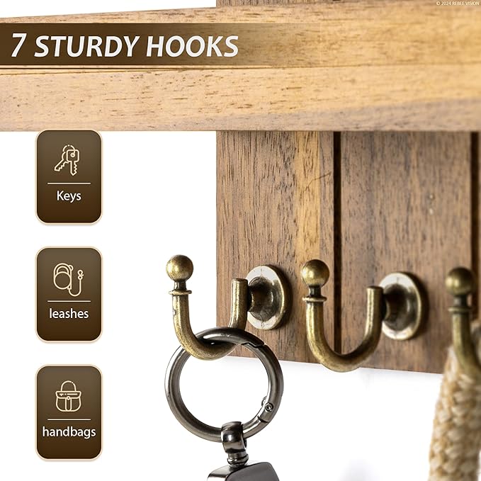 Rebee Vision Acacia Wood Key Holder Wall Mount for Home Decor - Key Holder for Wall with Floating Shelf for Hanging Coats & H