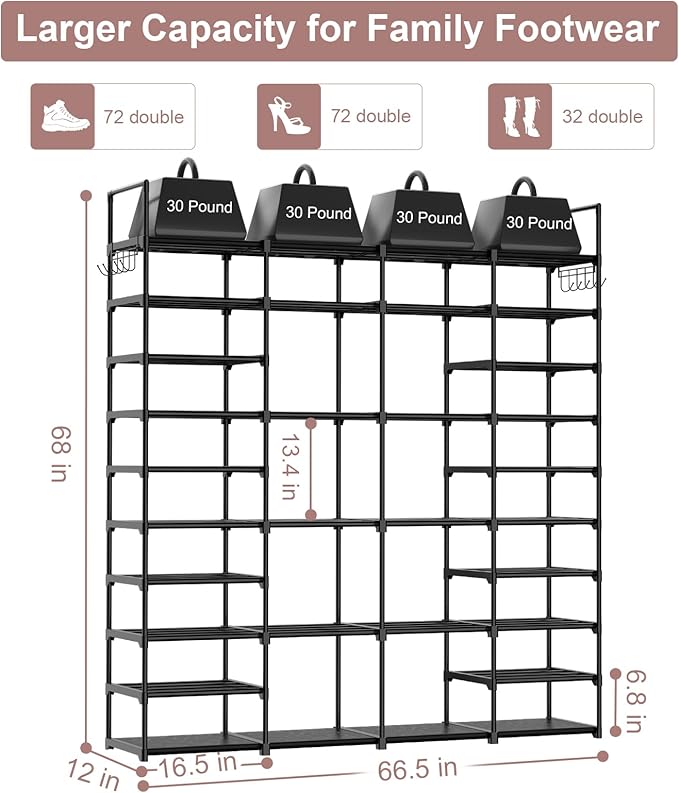 Kottwca 4 Row 10 Tier Large Shoe Rack Organizer for Closet Entryway, 72-80 Pair Shoe Boot Storage Rack, Metal Shoe Shelf Big 
