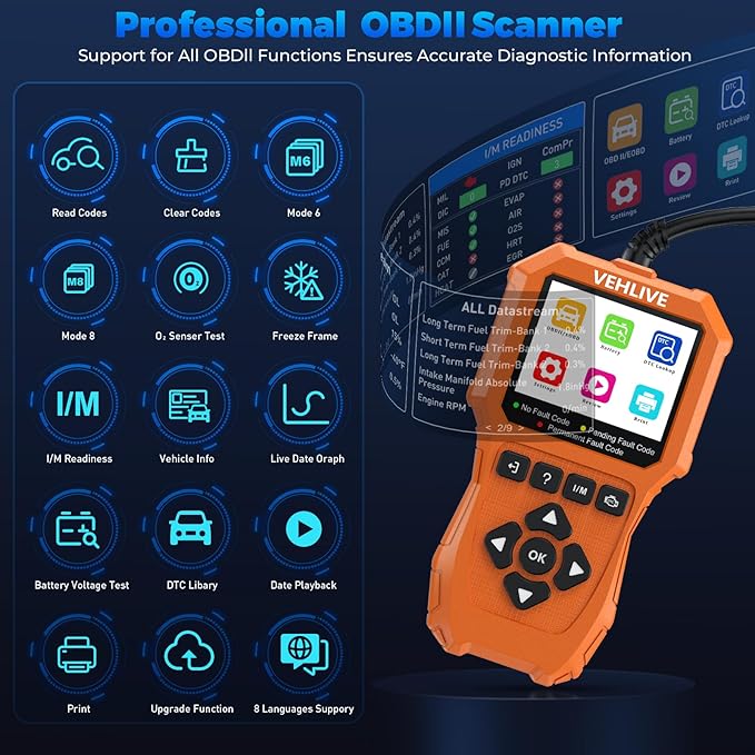 OBD2 Scanner Diagnostic Tool, Check Engine Light Car Code Reader with Reset, Battery Tester, Live Data, Freeze Frame, I/M