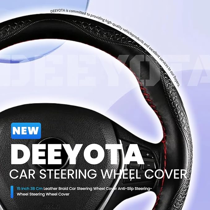 DEEYOTA Car Steering Wheel Cover Universal Fit Round Stitch Steering Wheel Wrap Thin PU Leather Steering Wheel Cover Sewn on 