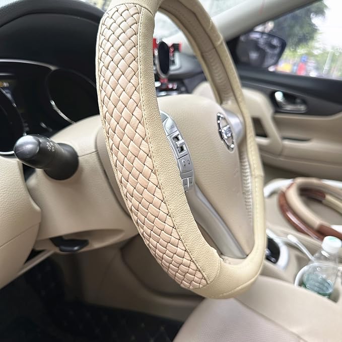 Moyishi Top Leather Steering Wheel Cover Universal Fit Soft Breathable Steering Wheel Wrap (Cream-Colored)