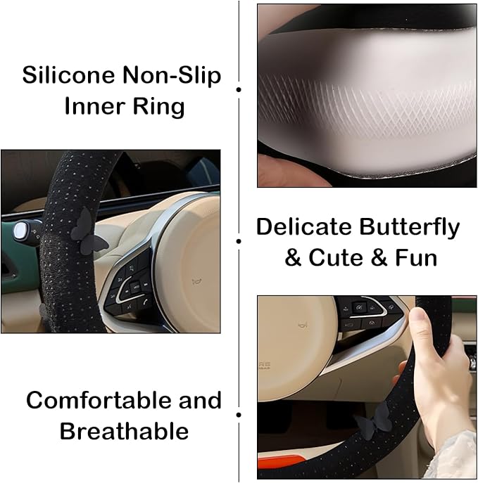 Butterfly Embroidery Steering Wheel Cover, Cute Mesh Fabric Steering Wheel Cover for Women, 14.5-15 Inch Non-Slip Breathable 