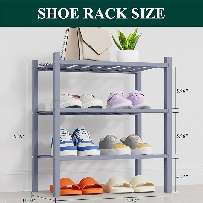 Smiry Shoe Rack, 3 Tier Thick Small Bamboo Shoe Organizer, Stackable Free Standing Wooden Shoe Storage Shelf for Closet, Entr