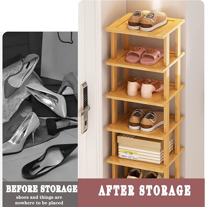 SAN HE Bamboo Shoe Rack 17 Tier- Vertical Shoe Rack for Small Spaces, Tall Narrow Shoe Rack Organizer for Closet Entryway Cor