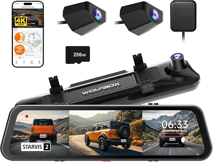 WOLFBOX G900 Tripro Bumper Version 3 Channel 4K Mirror Dash Cam, 8MP STARVIS 2 IMX678 Night Vision, 4K+2.5K+1080P Front and R