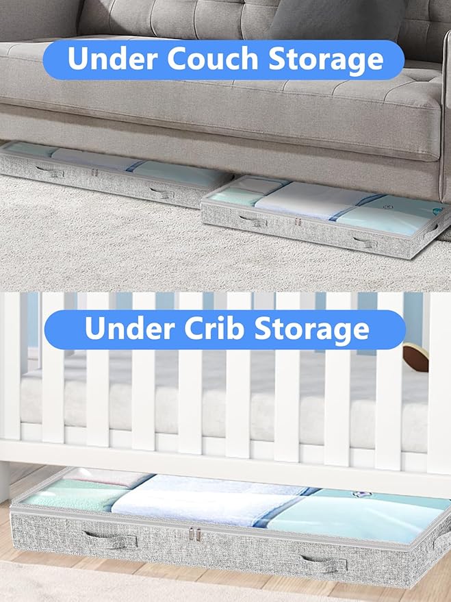 Low Profile Under Bed Storage, 3-Inch High Foldable Underbed Storage Bins with Lid & Zipper, No Structure, Super Slim Clothes