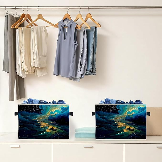 Dreamy Starry Sky Night Storage Box Bins, Blue Fantasy Galaxy River Boating Collapsible Storage Basket Organizer for Bedroom 