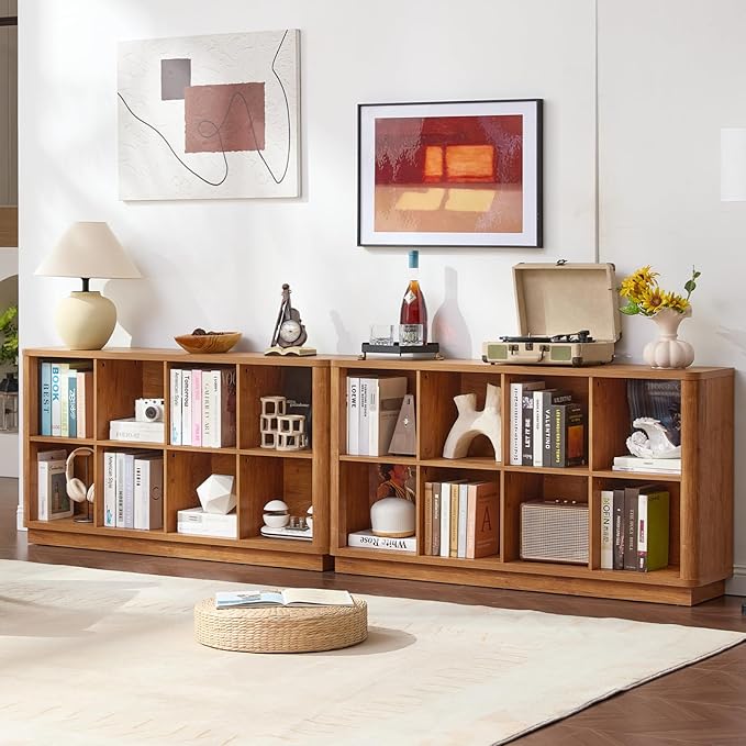 Joaxswe 8 Cube Storage Book Shelf, 52" Long Horizontal Bookshelf with Curved Edge, Floor Standing Wooden Cubby Bookcase with 
