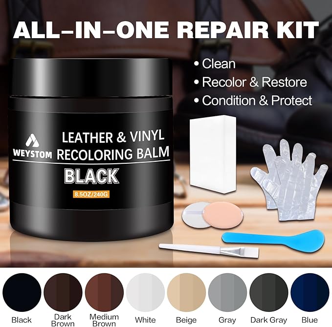 Leather Recoloring Balm - Black Leather Repair Kit for Furniture, Dye, Recolor, Renew, Repair & Restore Aged, Faded, Cracked,