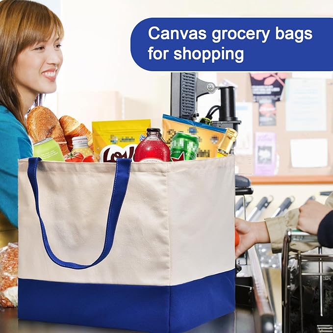 3 Pack Canvas Reusable Grocery Bags Heavy Duty, 8.3 gal Foldable Large Tote Bag with Handles, Holds 60 lbs Canvas Shopping Bags & Washable Eco-friendly Bags with 5 Pockets, Blue+Off White