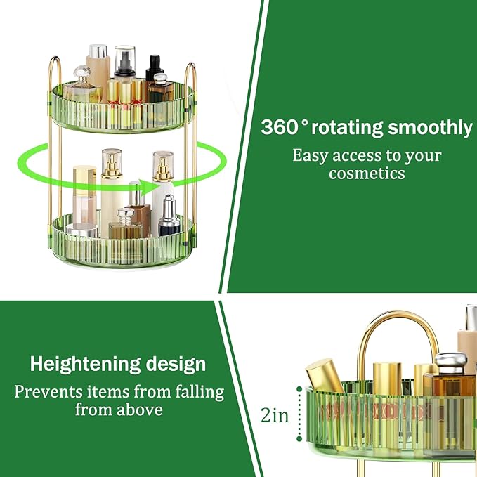 MOKANI 360 Rotating Makeup Organizer for Vanity, 2 Tier Adjustable Perfume Organizer for Dresser, Multi-Function Spinning Cos