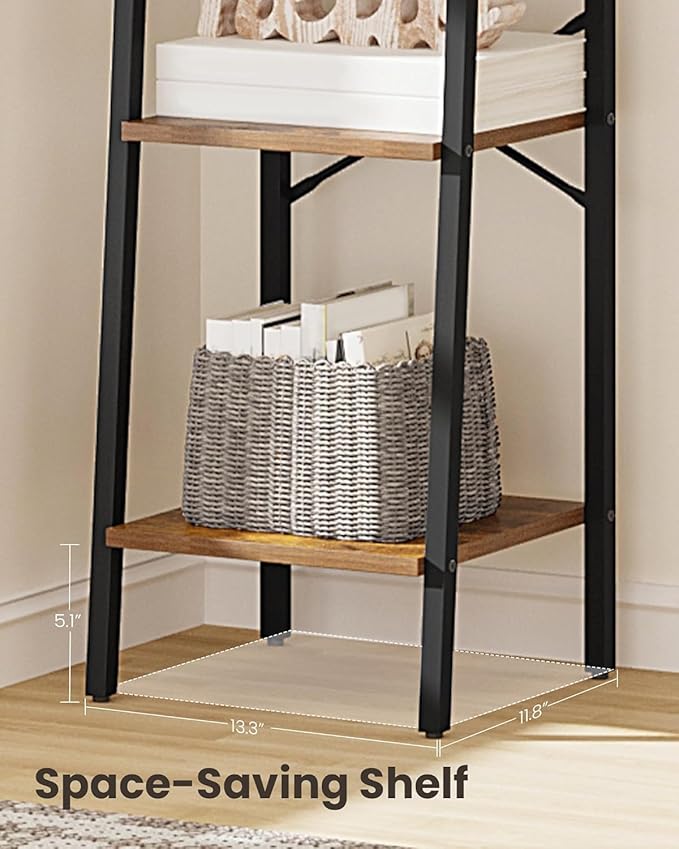 Hzuaneri Ladder Shelf, Bookshelf Bookcase, Freestanding Corner Storage Shelve with 2 Hooks for Home Office, Living Room, Kitc