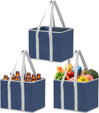 VENO 3 Pack Reusable Grocery Bags, Shopping Bags for groceries, Utility Tote with Handles and Hard Bottom, Foldable Shopping Cart Organizer, Heavy-Duty (Dark Blue, 6 Gallon-3 Pack)