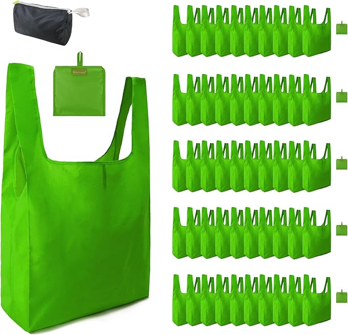 BeeGreen Christmas Green Reusable Grocery Bags Dark Green Reusable Kitchen Bags Bulk Foldable-Machine Washable with Zipper Storage Pouch 50 Packs