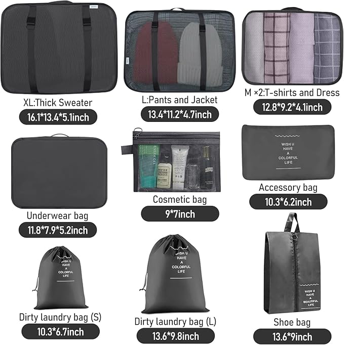 Packing Cubes for Travel -10 Set Luggage Organizer Bags for Family, Mesh Breathable Packing Cubes for Suitcases Durable Trave