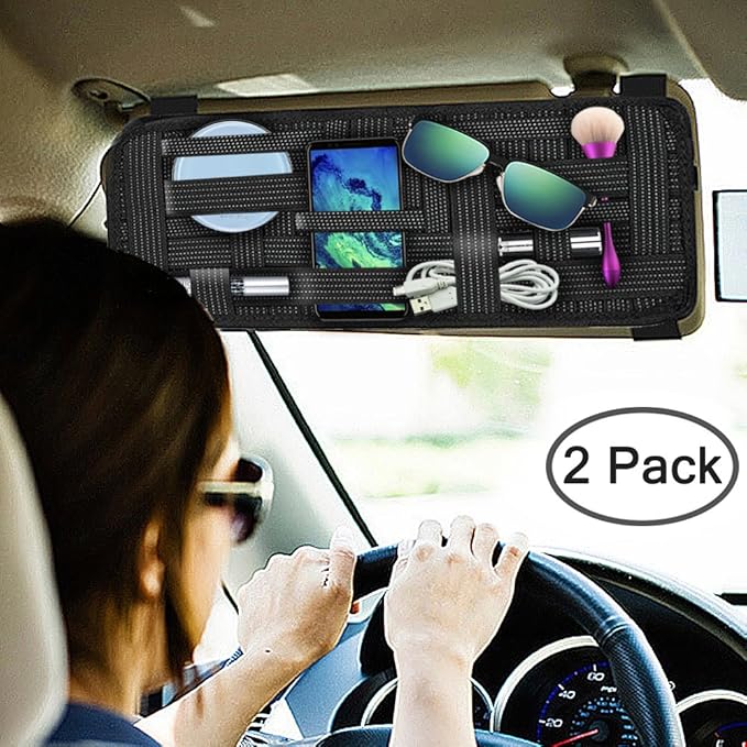 SourceTon 2 Packs Car Sun Visor Organizer, Car Visor Storage Anti-Slip Elastic Woven Board for Sunglass Holder Parking Fuel Card Digital Accessories