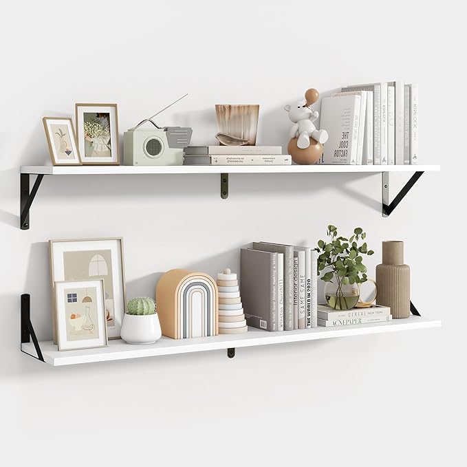 Axeman 40 Inch Floating Shelves | 8 Inch Deep White Wall Shelves Set of 2 | 39.4" W x 8" D Rustic White Wood Shelves for Bath