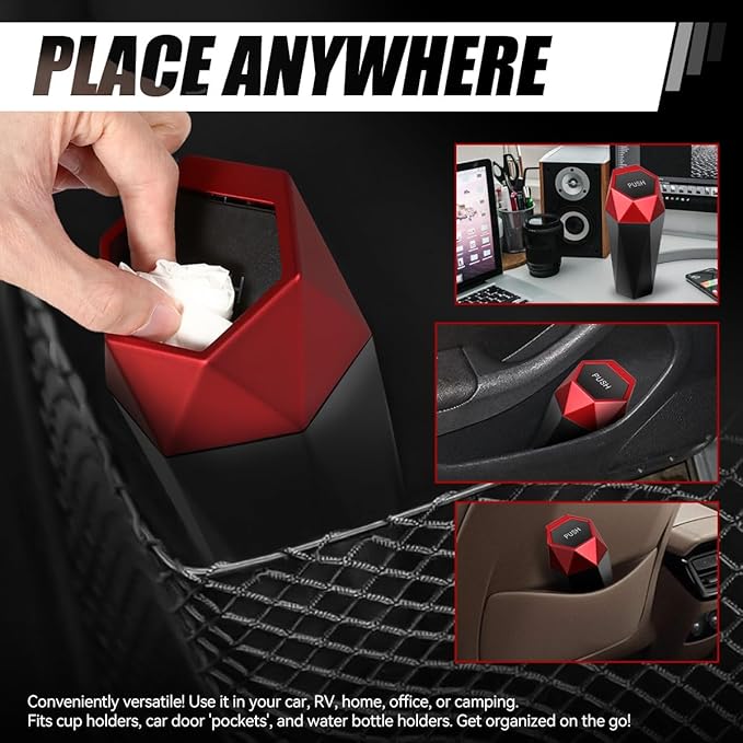 Auto Dynasty Car Trash Can with Lid, Red Car Garbage Can Cup Holder for Interior, 2 Pack Mini Leakproof Garbage Can, Multipurpose Storage Organizer for Vehicle Home Office