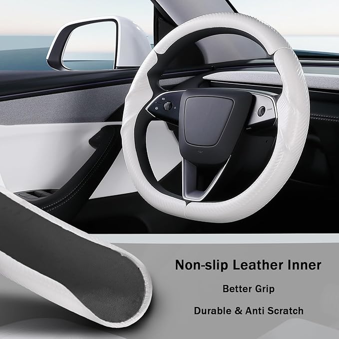 Steering Wheel Cover for Tesla Model 3 2024-Present Highland/Tesla Model Y Juniper 2025-Present, Carbon Fiber Steering Wheel Cover for Tesla Model 3 Highland/Y Juniper Accessories, Matte White