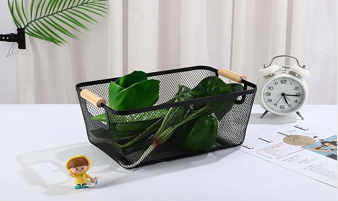 AJIODA Metal Mesh Steel Basket, Large Wire Storage Organizer Basket Multi-function Hanging Kitchen Baskets with Wood Handle f