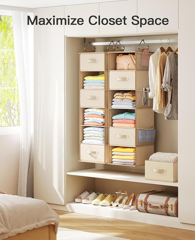 Pipishell 6-Shelf Hanging Closet Organizer, with 3 Detachable Drawers & Side Pockets, Closet Organizers and Storage for Bedro