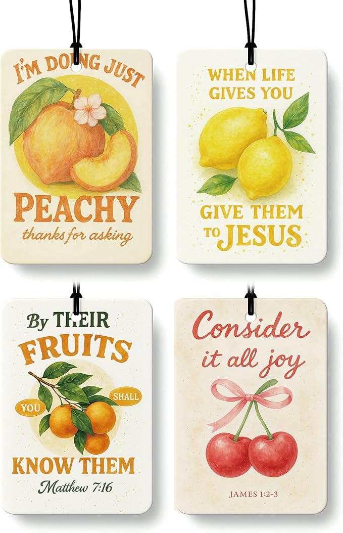 Trendy Peach Lemon Orange Cherry Christian Car Air Freshener 4 Pcs, Cute Fruits Religious Hanging Air Freshener for Cars Clos