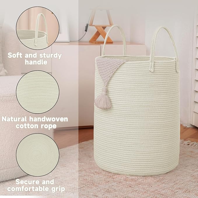 JMvicyroam Large Woven Laundry Basket Hamper,60L Cotton Rope Storage Bin for Blankets,Toys and Clothes,Decorative Tall Nurser
