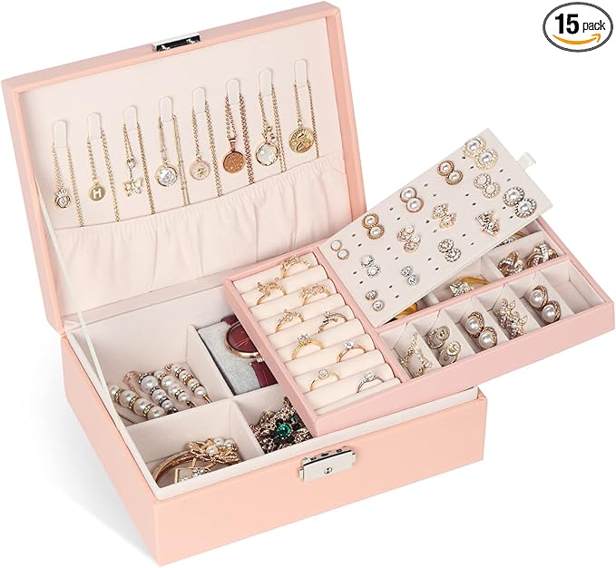 Jewelry Box for Women Girls, 2 Layers Jewelry Organizer Container with Lock, PU Leather Storage Case with Removable Tray, Jew