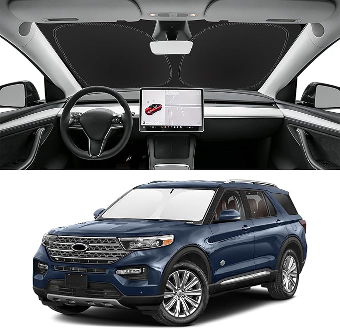 Custom Fit Windshield Sun Shade for Ford Explorer 2020-2026, Foldable Car Sunshade Accessories with Storage Bag, UV & Heat Reflector, Keep Your Car Cooler