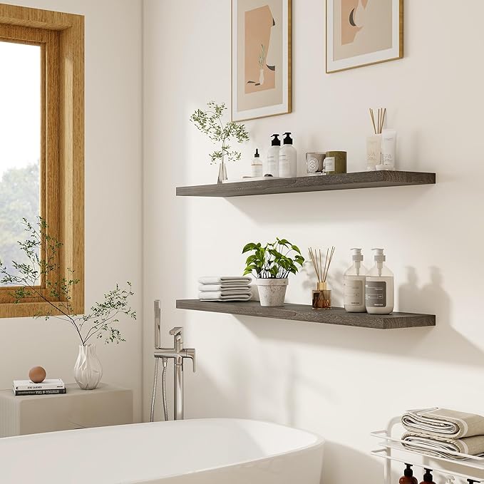 Vivelove Elm Wood Floating Shelves, Wooden Shelves for Wall with Invisible Bracket for Living Room Bedroom Bathroom Office Bo