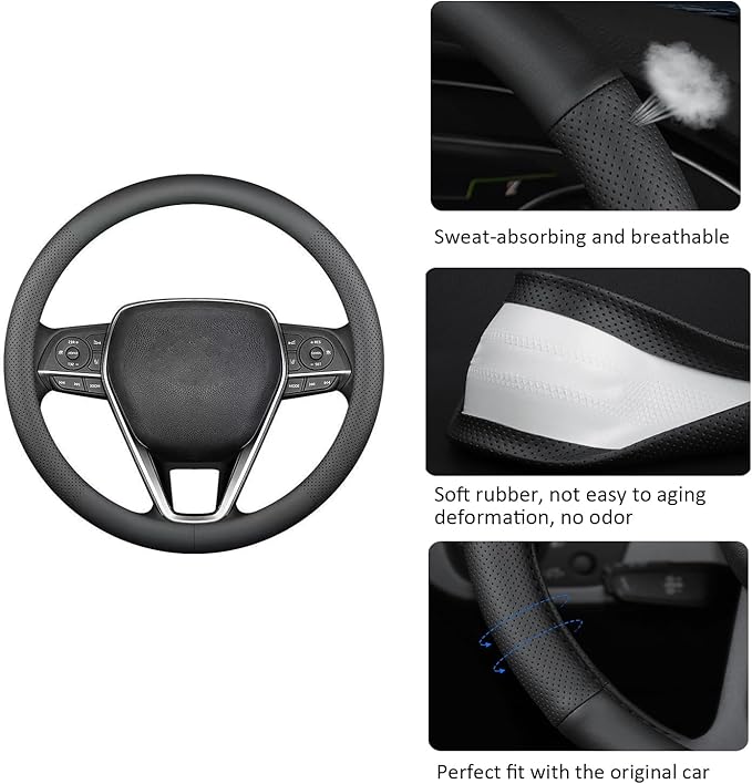 Leather Steering Wheel Cover for Chevy Silverado 1500 2500 3500, 14.5-15 inches Car Steering Wheel Cover, Black