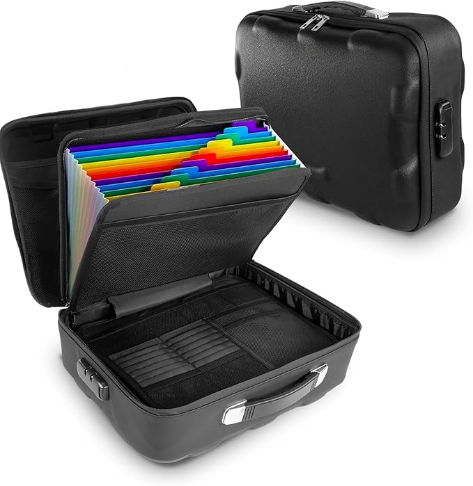 Fireproof Document Box, Hard Case Fireproof File Organizer Box with Lock and 13 Pocket Accordion File Folder, Portable Safe B