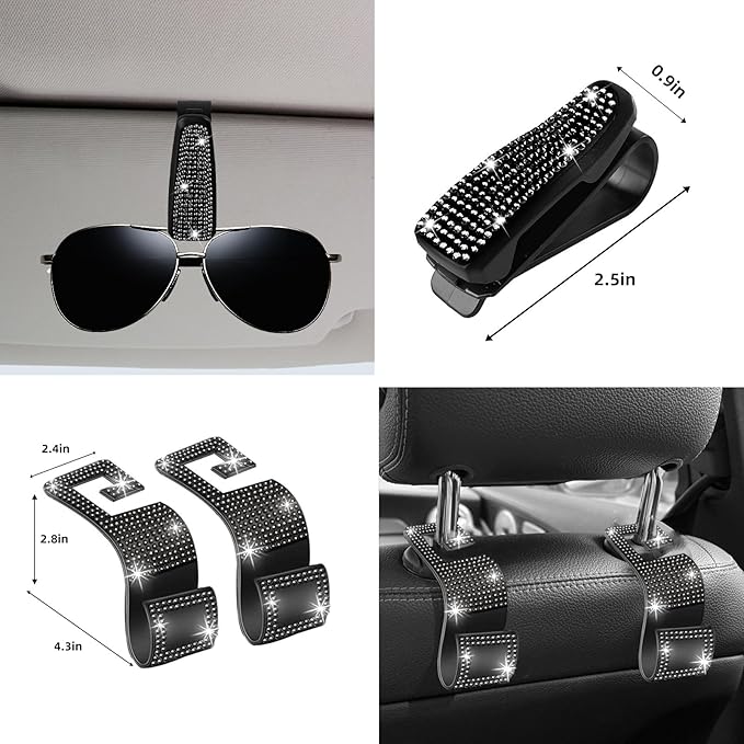 NBTEPEM 30 Pcs Black Bling Car Accessories Set for Women, Steering Wheel Cover Set, Bling Console Cover, Seat Belt Cushion, Shift Knob Cushion, Cup Holder Coaster, Rhinestone Car Hanging Accessories