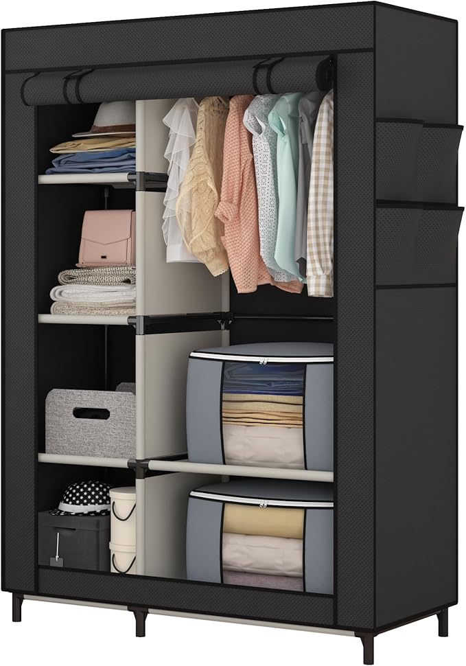 Calmootey Portable Closet, Wardrobe with 6 Shelves and Hanging Rod, Storage Organizer for Bedroom, Non-Woven Fabric Cover wit