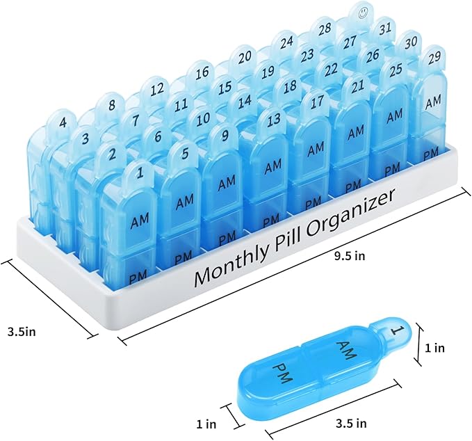 Daviky Monthly Pill Organizer 2 Times a Day, 30 Day Pill Box AM PM with Separate Container, One Month Medicine Case Twice a D