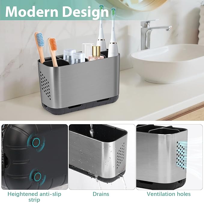 Boperzi Toothbrush and Toothpaste Holder Brushed Nickel Drainage for Bathroom Vanity, Large Electric Toothbrush Storage Caddy