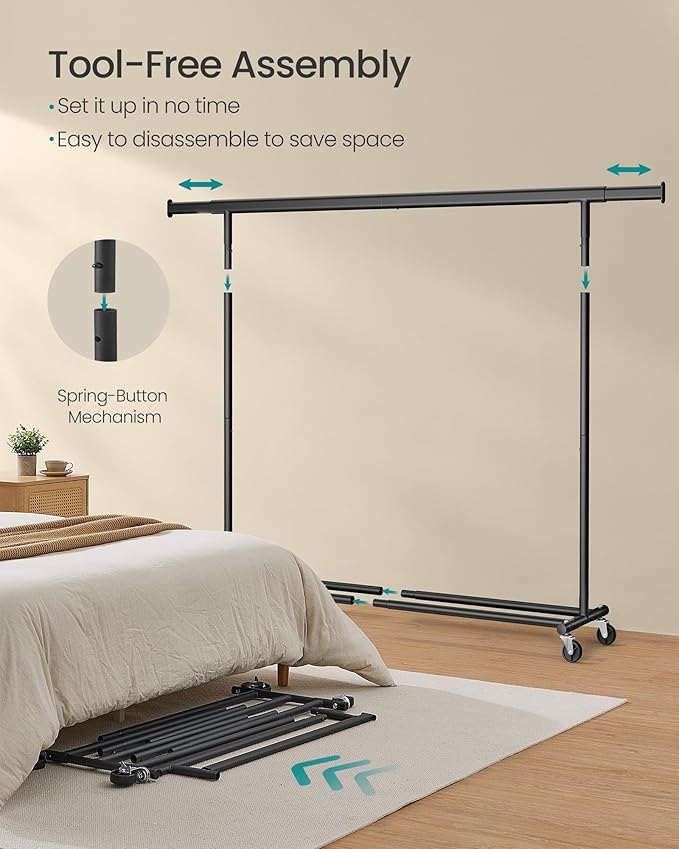 SONGMICS Clothes Rack with Wheels, Heavy-Duty Clothing Rack for Hanging Clothes, Portable, 17.7 x (63-78.7) x 63.6 Inches, wi