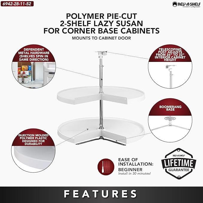 Rev-A-Shelf 2 Tier Pie-Cut Lazy Susan for Corner Base Cabinets, Plastic, 28" Double Shelf Swivel Kitchen Spice and Can Organi