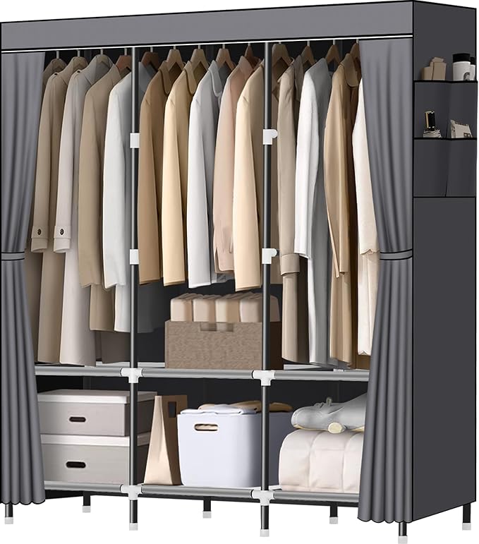 LOKEME Wardrobe Closet,Portable Closet for Bedroom Steel Pipe Diameter 19mm Strong and Sturdy Grey Portable Closets for Hangi