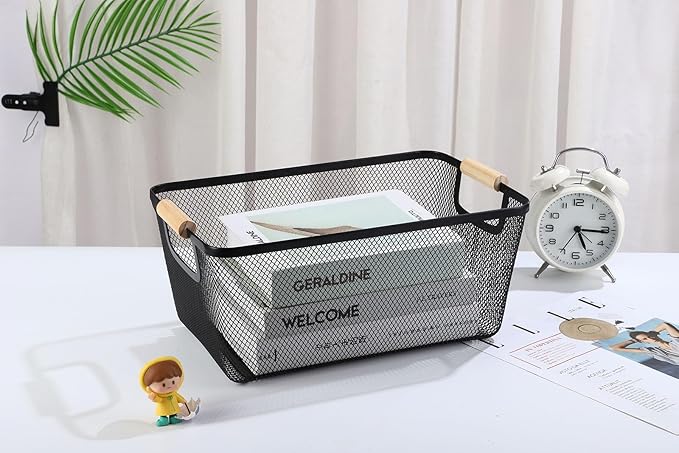 AJIODA Metal Mesh Steel Basket, Large Wire Storage Organizer Basket Multi-function Hanging Kitchen Baskets with Wood Handle f