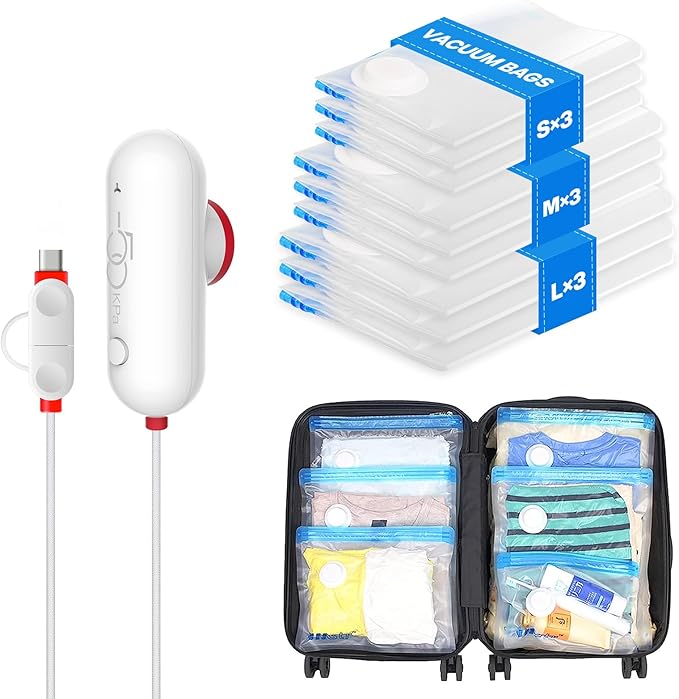 VMstr 9 Pack Travel Vacuum Storage Bags with USB Pump, Vacuum Packing Seal Bags for Luggage, Carry-on Size Space Saver for Cl