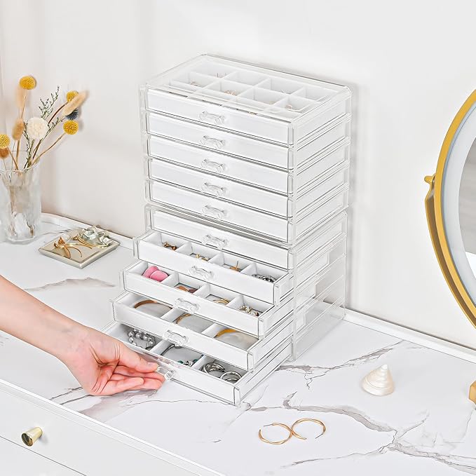 ProCase Earring Holder Organizer Jewelry Box with 10 Drawers, Acrylic Clear Earring Case with Adjustable Velvet Trays for Wom
