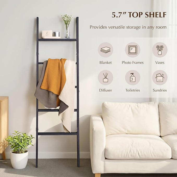 Blanket Ladder with Top Shelf, 5-Tier Wood 64” Decorative Ladder for Living Room Throws, Bedroom Quilt, Bathroom Towel & Toil