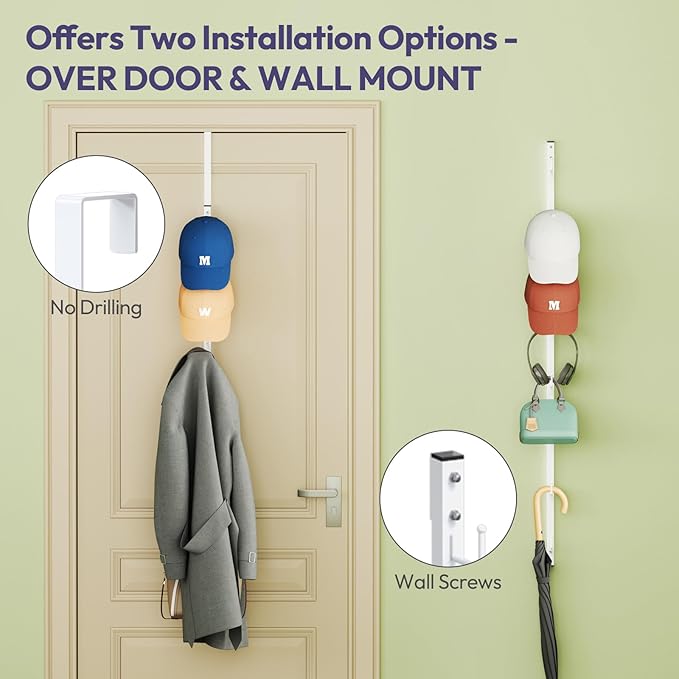 SWTYMIKI Over Door Hat Organizer - 2 Packs Metal Wall Mounted Hat Rack with 16 Hooks Design, Hanging Baseball Cap Organizer S