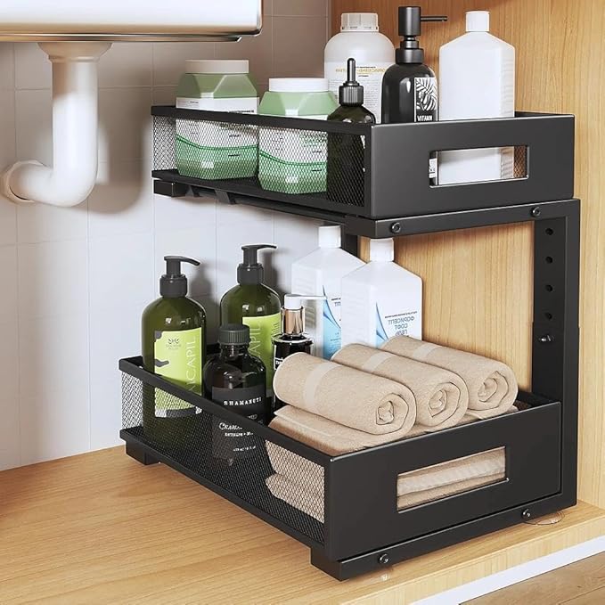 Under Sink Organizer, 2-Tier Dual Pull Out Cabinet Organizer Drawers With Smooth Circular Rail, Large Capacity Metal Mesh Sli