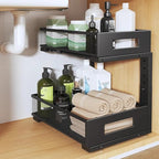 Under Sink Organizer, 2-Tier Dual Pull Out Cabinet Organizer Drawers With Smooth Circular Rail, Large Capacity Metal Mesh Sli
