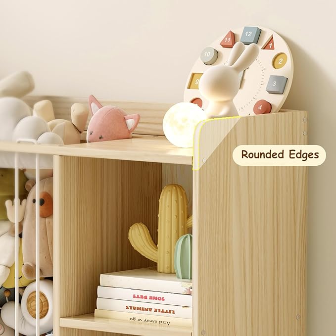 Toy Storage Organizer with Stuffed Animal Storage, Solid Pine Wooden Toy Organizer & Stuffed Animal Zoo, 4 Cubes Shelf with 2